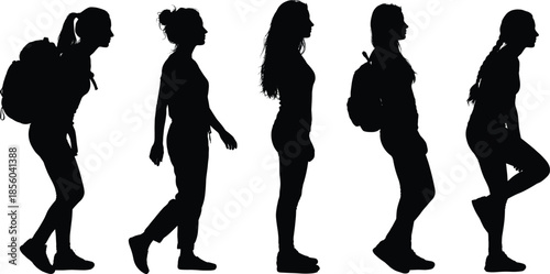 Female walking silhouette set, 5 postures, casual attire, backpack detail, black outline, isolated, vector graphic