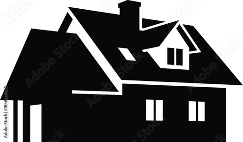 House silhouette illustration, pitched roof, chimney, porch, bay window, two-story structure, black outline, isolated, vector graphic