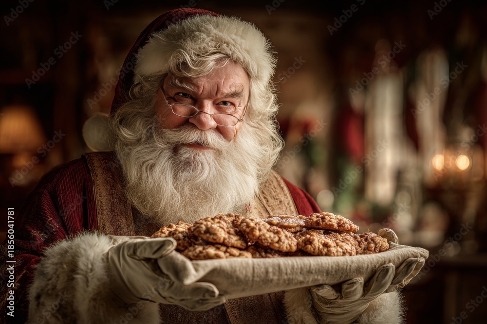 Fototapeta premium Elderly man dressed as Santa Claus holding tray of Cavallucci cookies. Concept of festive celebration in rustic setting with rich pastry from Siena, Italian traditions.