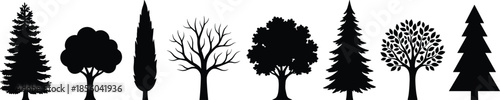 Tree silhouette set, 8 species, coniferous and deciduous forms, botanical diversity, black outline, isolated, vector graphic
