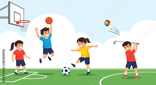 Group of active happy children playing various sports including basketball soccer and golf outdoors on a green field under a clear blue sky.