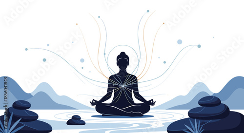Silhouette of a person sitting in a yoga lotus position for meditation with glowing energy lines around the heart in a calm mountain landscape.