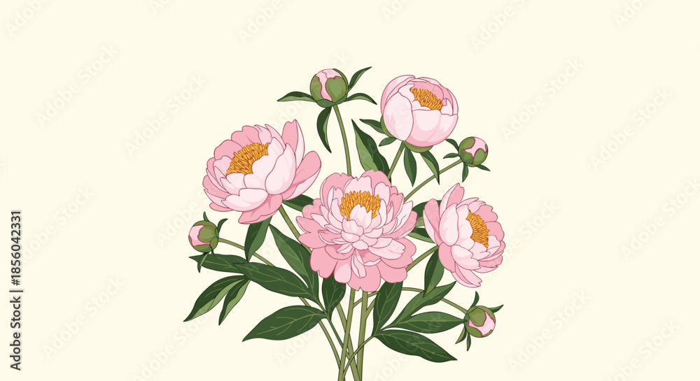 Naklejka premium Soft and elegant bouquet of pink peony flowers and buds with green leaves arranged together on a light cream colored background.
