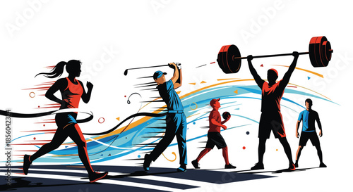 Dynamic sports illustration featuring silhouettes of athletes engaged in running golfing basketball and heavy weightlifting activities.