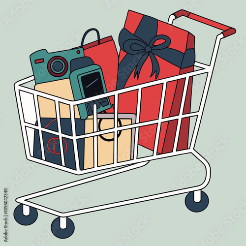 Shopping cart full of products for Black Friday sale, gifts, electronics, clothes, isolated background, realistic 3D render