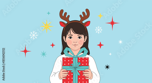 Festive illustration of a cute young girl wearing reindeer antlers headband and holding a red polka dot gift box with snowflakes and stars.