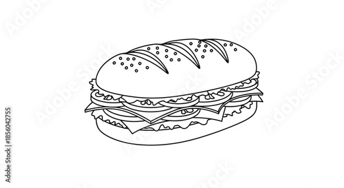 Simple black and white line drawing of a large submarine sandwich filled with many layers of vegetables cheese and meat on a long bun.