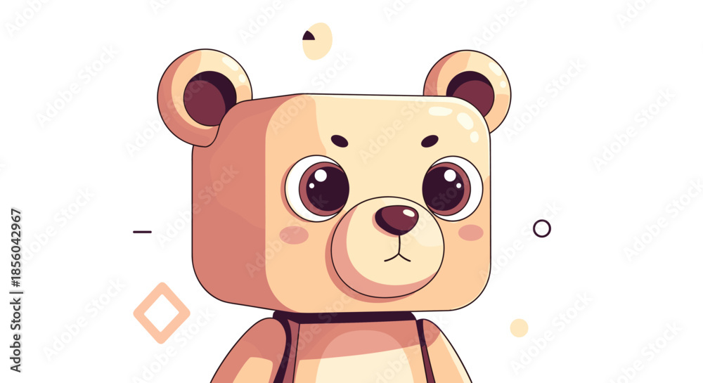 Fototapeta premium Adorable teddy bear character with large expressive eyes and a soft peach colored body stands against a white background with decorations.
