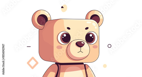 Adorable teddy bear character with large expressive eyes and a soft peach colored body stands against a white background with decorations.
