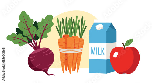 Selection of healthy food items featuring a purple beetroot with green leaves a bunch of orange carrots a carton of milk and a ripe apple.