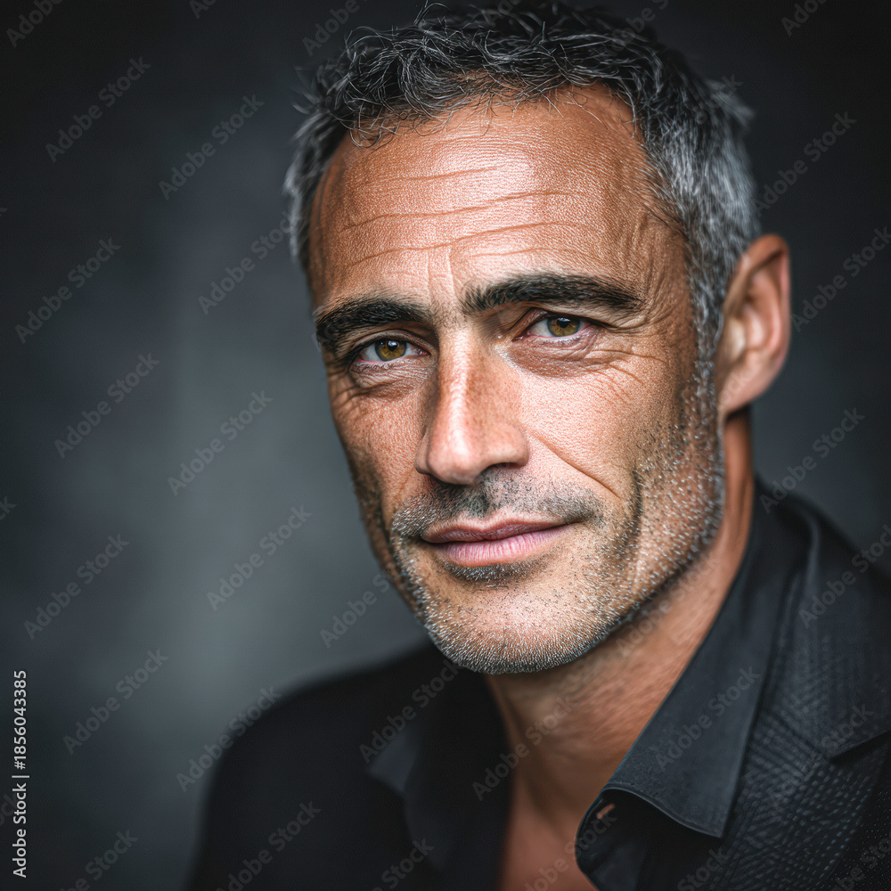 Fototapeta premium A close-up portrait of a mature man with silver hair and striking blue eyes, exuding confidence and charisma against a dark background.
