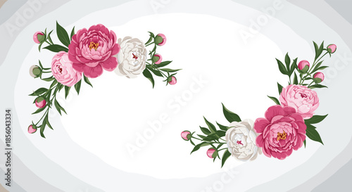 Two elegant curved floral arrangements featuring beautiful pink and white peonies with green leaves and buds on a soft gray circular base.