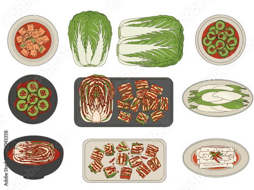 Assortment of Korean Fermented Cabbage Dishes and Ingredients