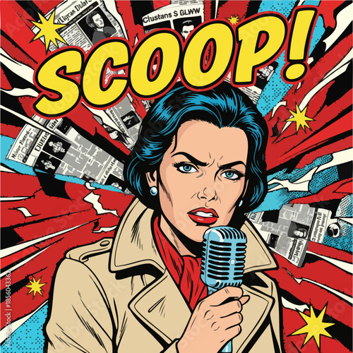 Retro Pop Art Woman Reporter with Microphone Announcing Scoop.