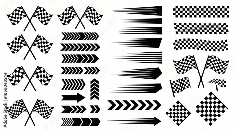 Obraz premium Collection of black and white racing flags, speed lines, and chevron arrows for motion graphics, concept for motorsport design , competitive promotion and speed visualization 