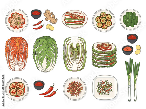 Korean Fermented Cabbage Dishes and Ingredients Assortment