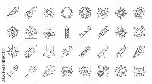 Set of various line icons depicting fireworks, rockets, and celebration elements on white background, concept for event promotion, holiday design and party planning