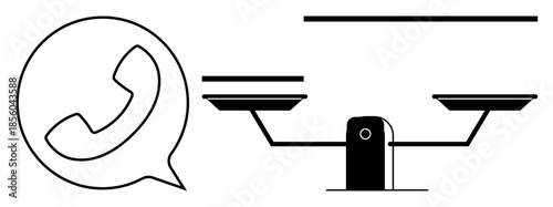 Communication, law, balance, ethics, decision-making, equality. Speech bubble with phone icon next to a scale. Communication and law concepts through clear visuals