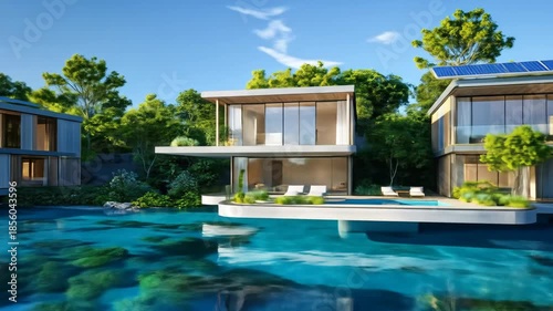 Wallpaper Mural Modern luxury villas with clear blue water and lush green environment, featuring contemporary design and sustainable solar power. Torontodigital.ca
