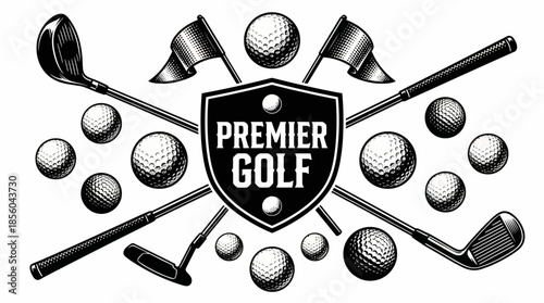 Black and white vector logo design featuring golf clubs, balls, and crossed flags with Premier Golf text, concept for sports apparel branding, tournament promotion and golf club identity