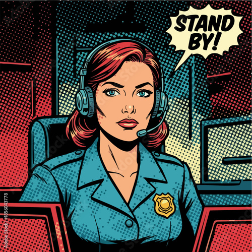Serious Woman in Uniform Dispatcher Retro Comic Style Art