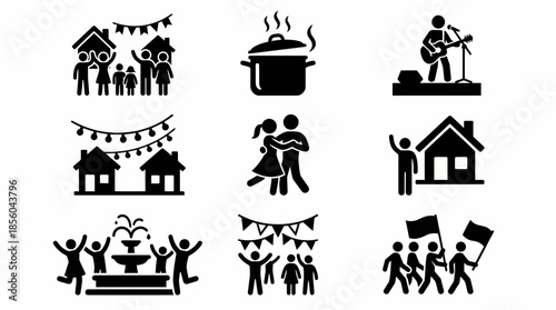 Black silhouette icons representing community gatherings, food preparation, and celebration, concept for event planning, social media content, and local advertising