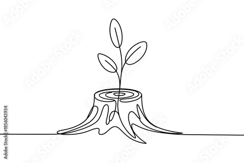 A single line drawing depicts a small plant growing out of a tree stump, symbolizing new life and regrowth.