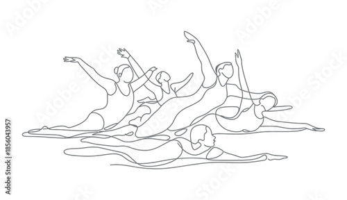 A group of swimmers in synchronized poses, depicted with a minimalist single-line art style, showcasing fluid movements and athletic grace.