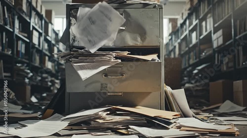 Disorganized filing cabinet drawers ajar spilling messy stacks of papers and documents amidst cluttered office shelves