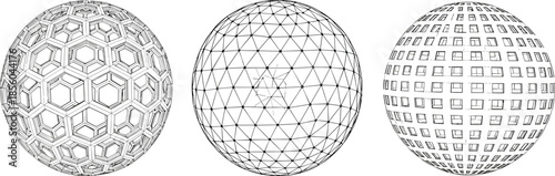 Geometric sphere wireframe set, polygon mesh, triangulated grid, architectural facade pattern, 3D modeling design, flat vector illustration