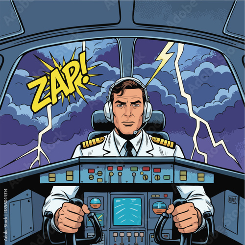 Professional airline pilot managing dangerous thunderstorm in cockpit