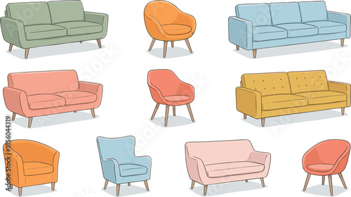 Upholstered chair and sofa set, colorful modern furniture styles, interior design elements, home decor icons, flat vector illustration
