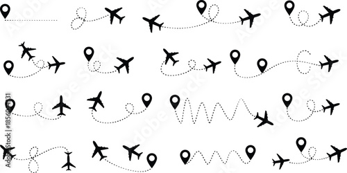 Airplane flight path icons, dotted travel routes, location markers, navigation symbols, aviation silhouette set, flat vector illustration