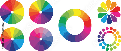 Color wheel variations, circular palette design, hue saturation brightness chart, visual art reference, color theory template, flat vector illustration