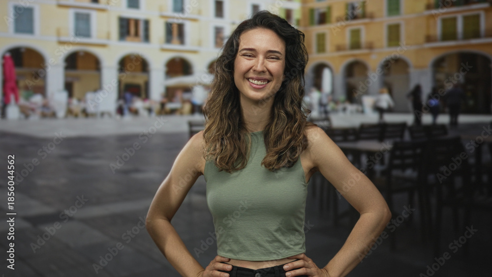 Fototapeta premium Hispanic woman in green top smiles with hands on hips in street under sunlight; happiness confidence.