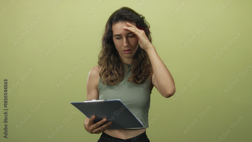 Fototapeta premium Young hispanic woman reading clipboard in studio while slightly tilting head and touching forehead; concern.