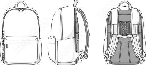 Backpack bag fashion technical sketch showing front side back views with strap and pocket details cad drawing flat vector illustration