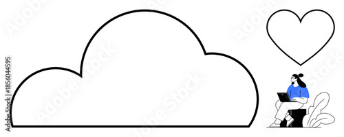 Cloud computing visual. Cloud symbol with human using a laptop s digital interaction and technology. Love icon connection. For tech, IT, communication, teamwork, and digital creatives
