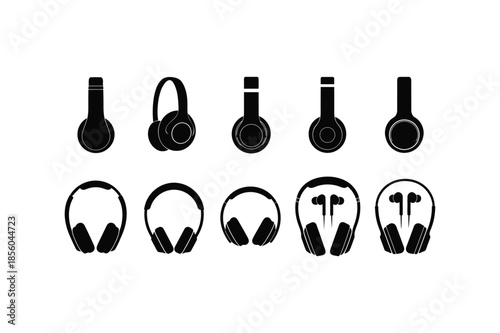 Headphone Silhouette Icons Set Modern Audio Equipment Symbols for Music and Gaming 