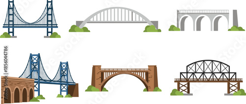 Bridge types collection illustration showing suspension, arch, beam and truss bridges, civil engineering infrastructure designs set, transportation concept, flat vector illustration