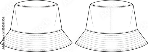 Bucket hat fashion technical sketch showing front back views minimal headwear design cad drawing flat vector illustration