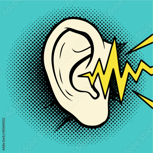 Pop Art Human Ear Receiving Loud Sound Wave Signal