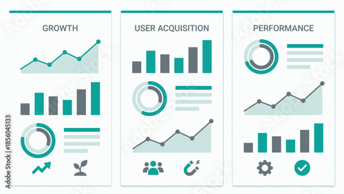 Set of three infographics illustrating business growth, user acquisition, and performance metrics with charts and icons, visualizing data for strategic planning and analysis