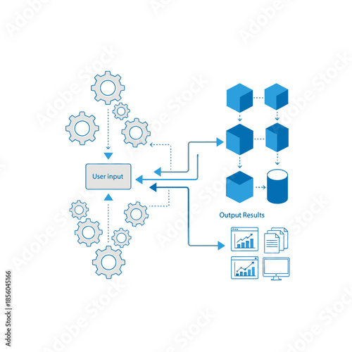 Business process automation flow diagram, Workflow illustration with input, processing, and output stages, Data management and analytics visualization