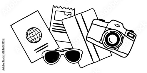 Top View Flat Lay of Travel Essentials with Passport, Sunglasses, and Camera