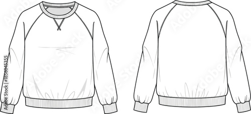 Classic crew neck sweatshirt fashion technical sketch showing front back views ribbed cuffs hem cad drawing flat vector illustration