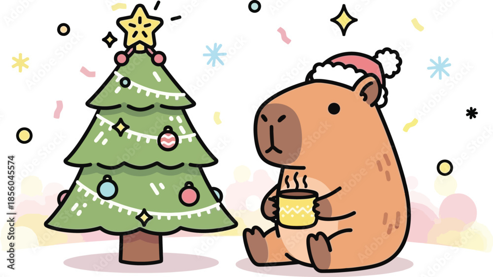 Naklejka premium Adorable capybara enjoys a warm drink by a festive holiday Christmas tree