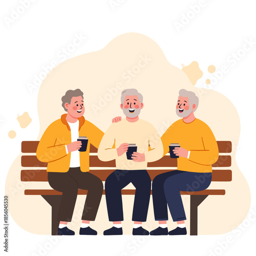 elderly men enjoying coffee. Senior friends relaxing and chatting together. Retired men spending time in warm company. Elderly companions having friendly conversation. Elderly set