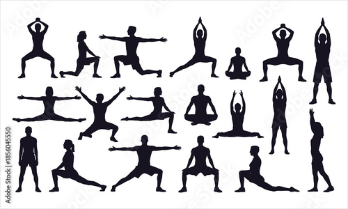 Diverse group of people depicted in black silhouette performing a wide array of stretching and yoga exercises