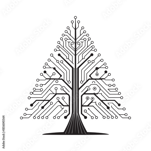 Christmas Tree Made of Circuit Lines Icon Silhouette.